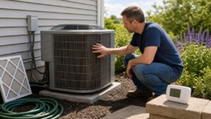Homeowner inspecting an outdoor air conditioner condenser on a sunny day