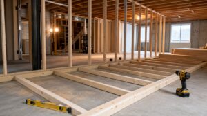 Partially framed interior wall in an unfinished basement remodel