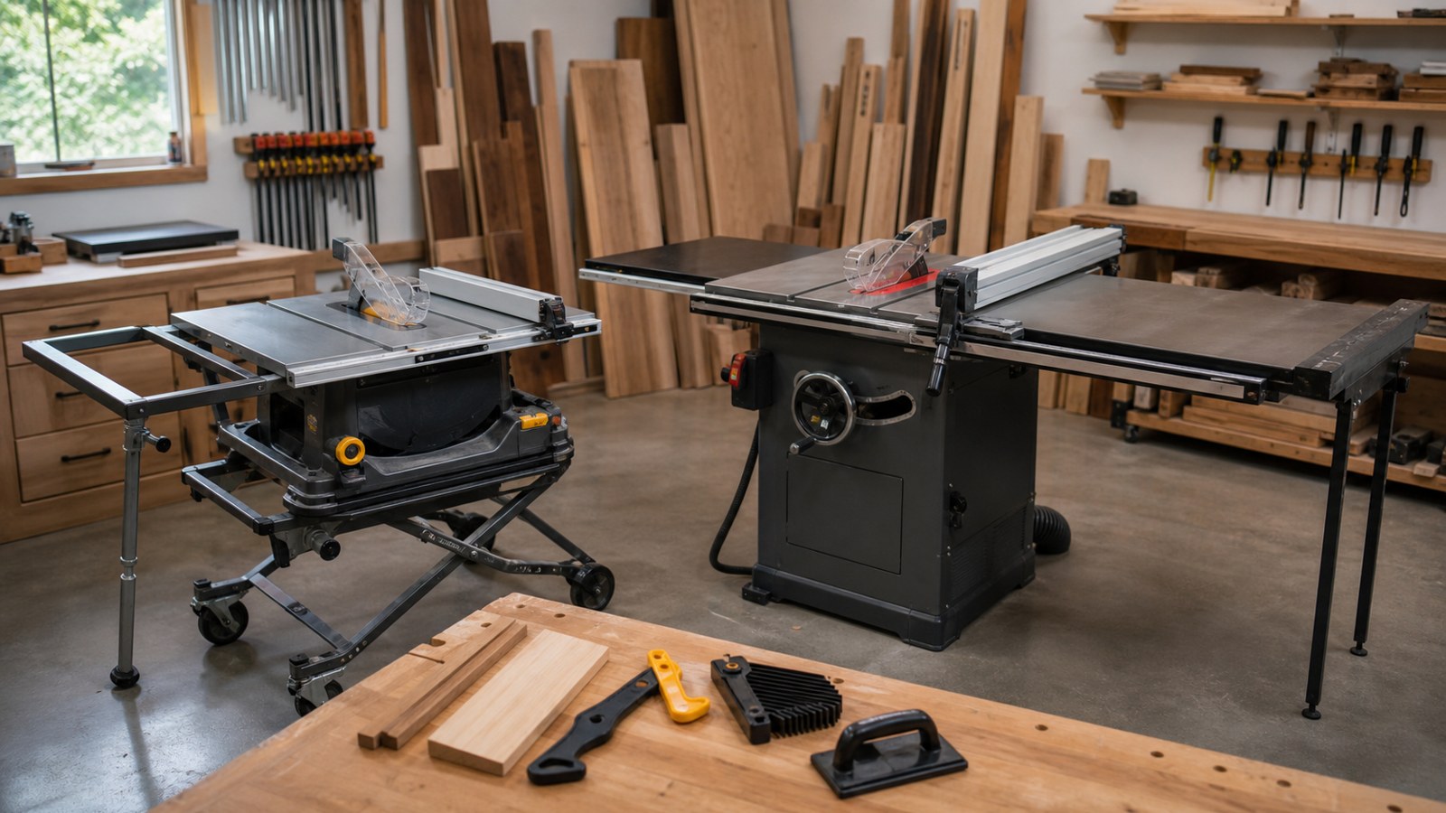 Jobsite and cabinet-style table saws set up safely in a clean woodworking shop