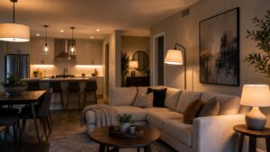 Layered lighting in a modern home interior with lamps and ceiling fixtures