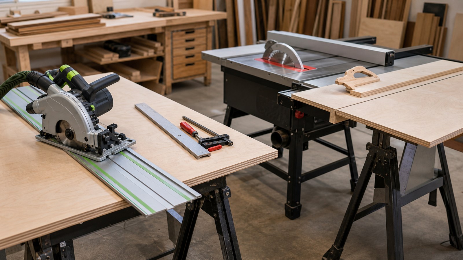 Circular saw guide setup and table saw arranged in the same woodworking shop