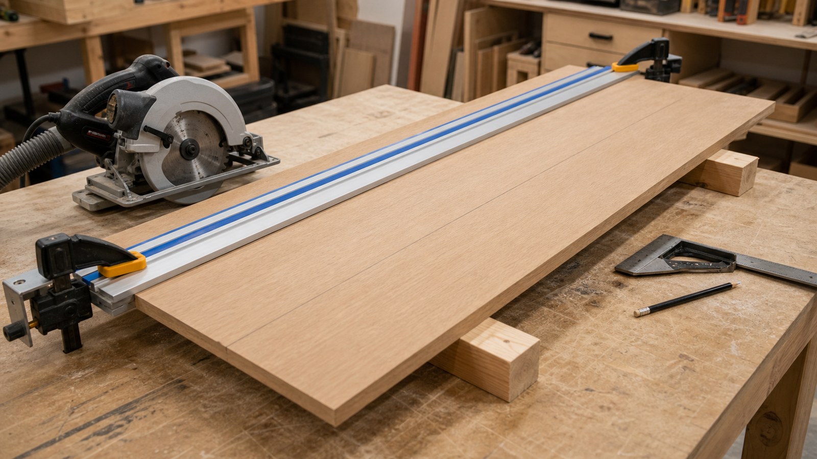 Straightedge guide and clamped board prepared for a beginner wood cut