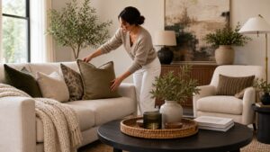 Stylish living room with layered textiles lamps artwork plants and balanced decor