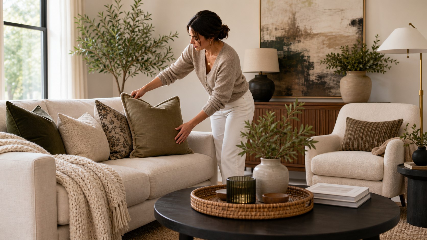 Stylish living room with layered textiles lamps artwork plants and balanced decor