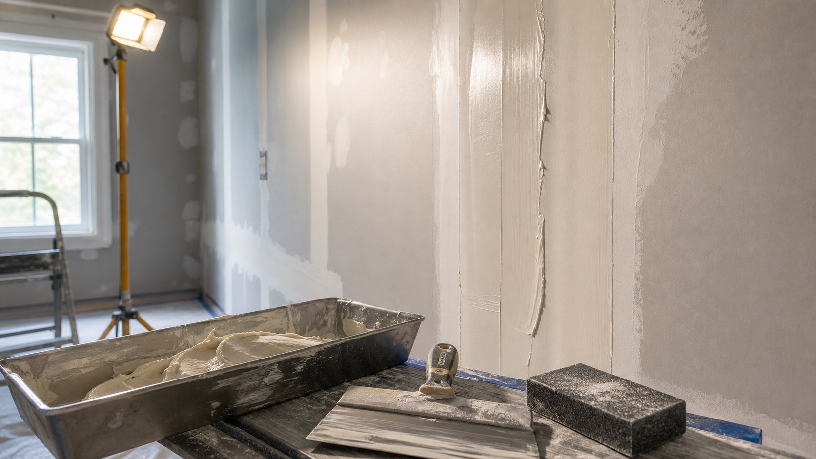 Drywall finishing tools and smooth joint compound on a wall seam