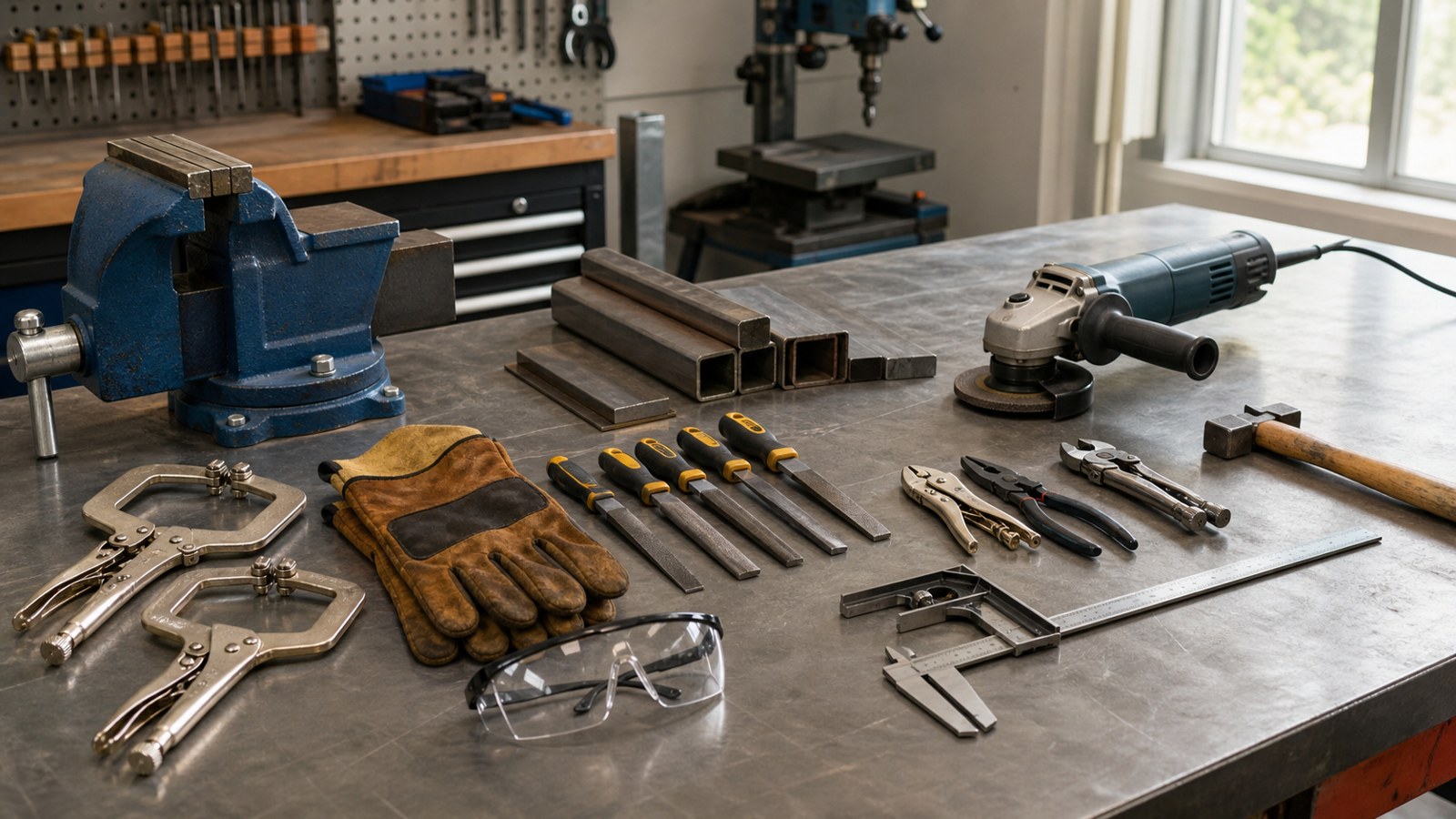 Beginner metalworking tools arranged on a clean steel workbench