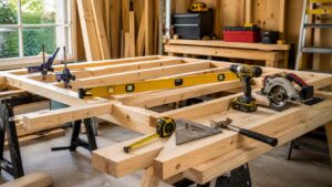 Framing tools and lumber arranged on sawhorses in a clean home workshop