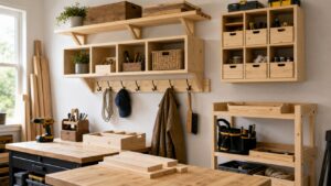Handmade wood shelves cubbies and organization projects in a clean workshop