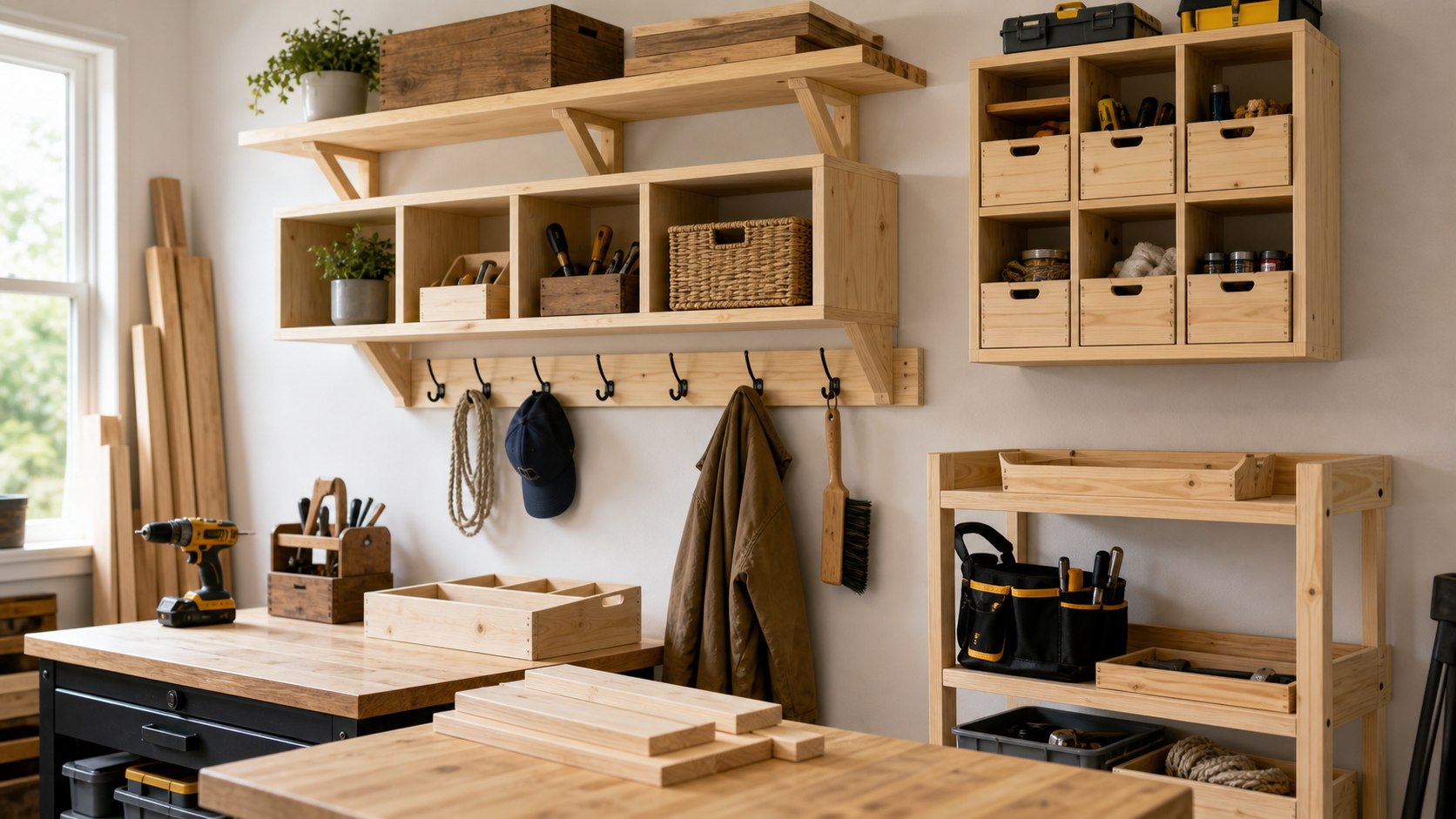 Handmade wood shelves cubbies and organization projects in a clean workshop
