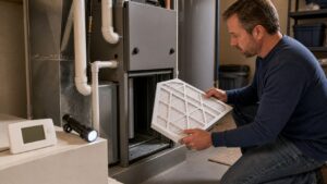 Homeowner checking a furnace filter in a clean utility room