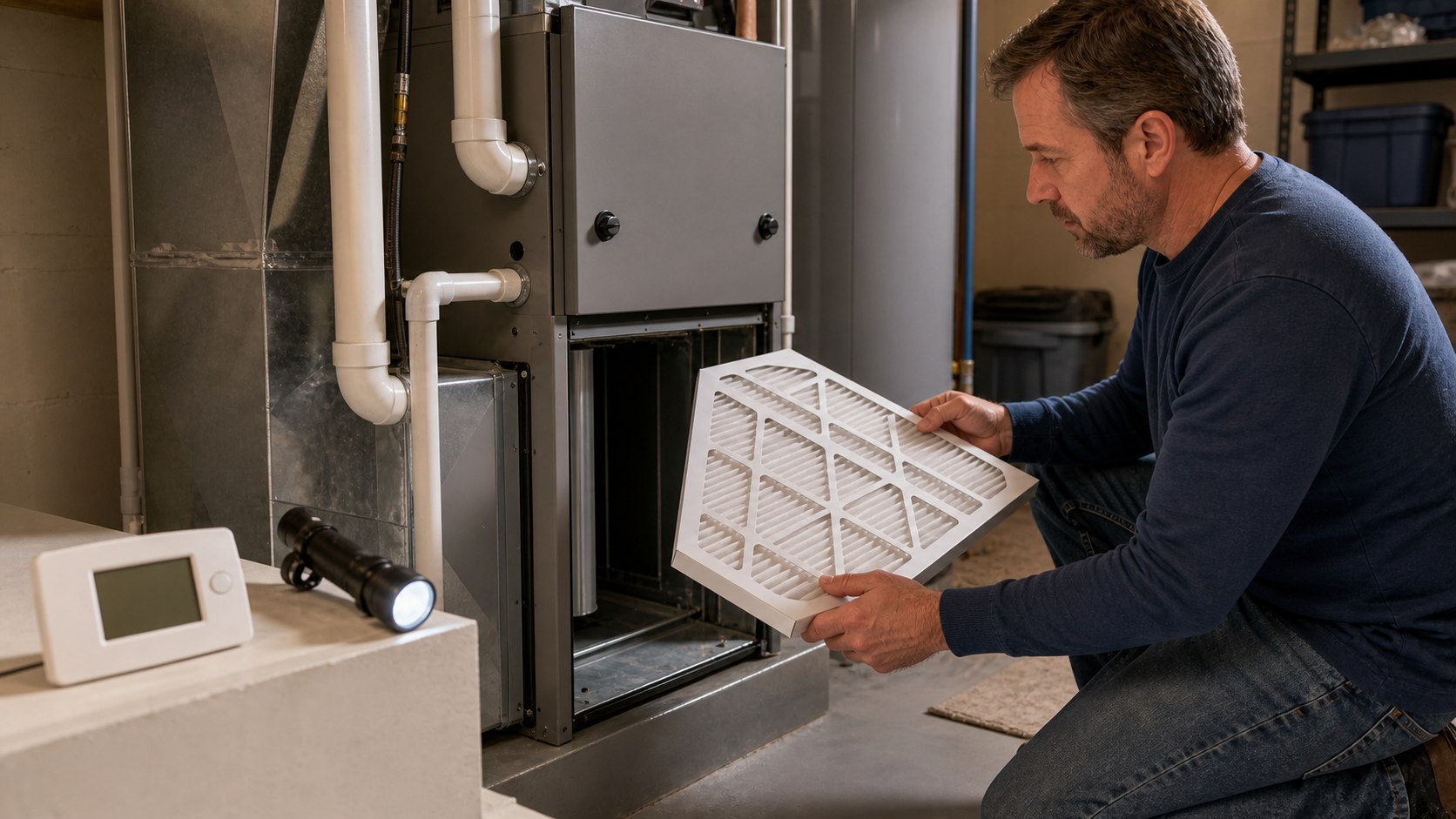 Homeowner checking a furnace filter in a clean utility room
