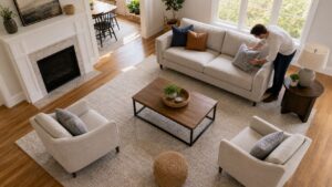 Balanced living room furniture arrangement with sofa chairs rug and clear walking paths