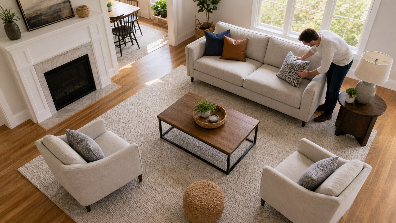 Balanced living room furniture arrangement with sofa chairs rug and clear walking paths