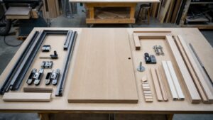 Hidden door kit parts and custom concealed door materials laid out in a workshop