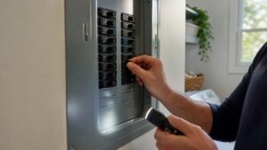 Homeowner safely resetting a breaker in a residential electrical panel with a flashlight