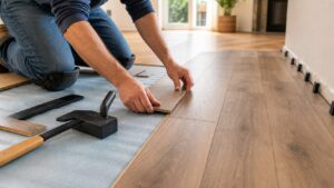 Hands installing laminate flooring planks over underlayment in a bright room