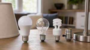 Unbranded LED incandescent and CFL bulbs arranged on a clean home lighting surface