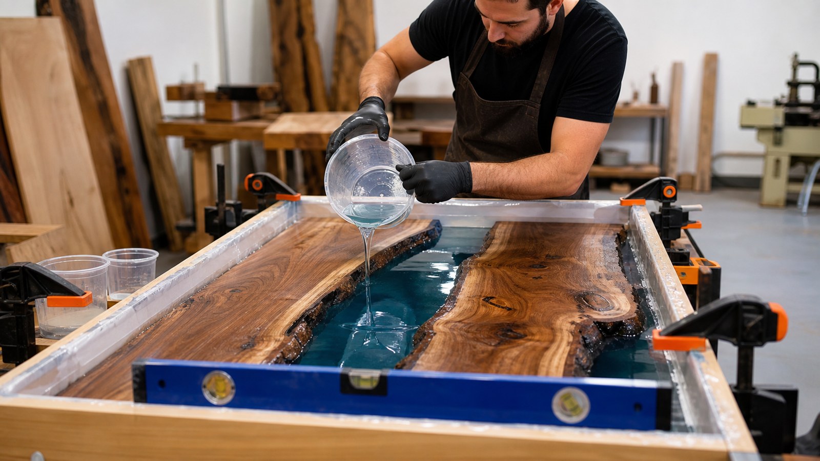Live-edge epoxy table slab in a mold with resin preparation tools in a workshop