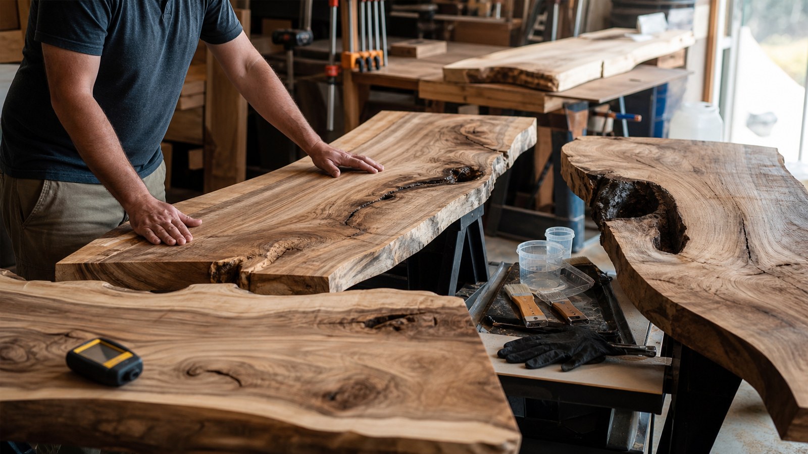 Live-edge wood slabs being inspected on sawhorses for resin furniture