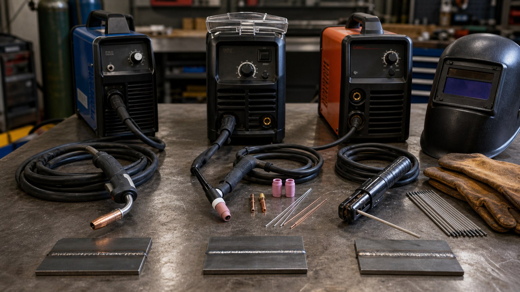 MIG TIG and stick welding tools arranged safely on a clean metalworking bench