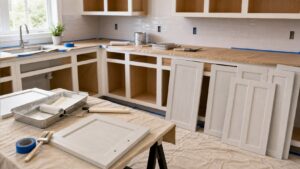 Sanded kitchen cabinet door with paint tools and protected cabinet boxes