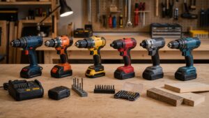 Several cordless drills batteries and bit sets arranged on a clean workbench