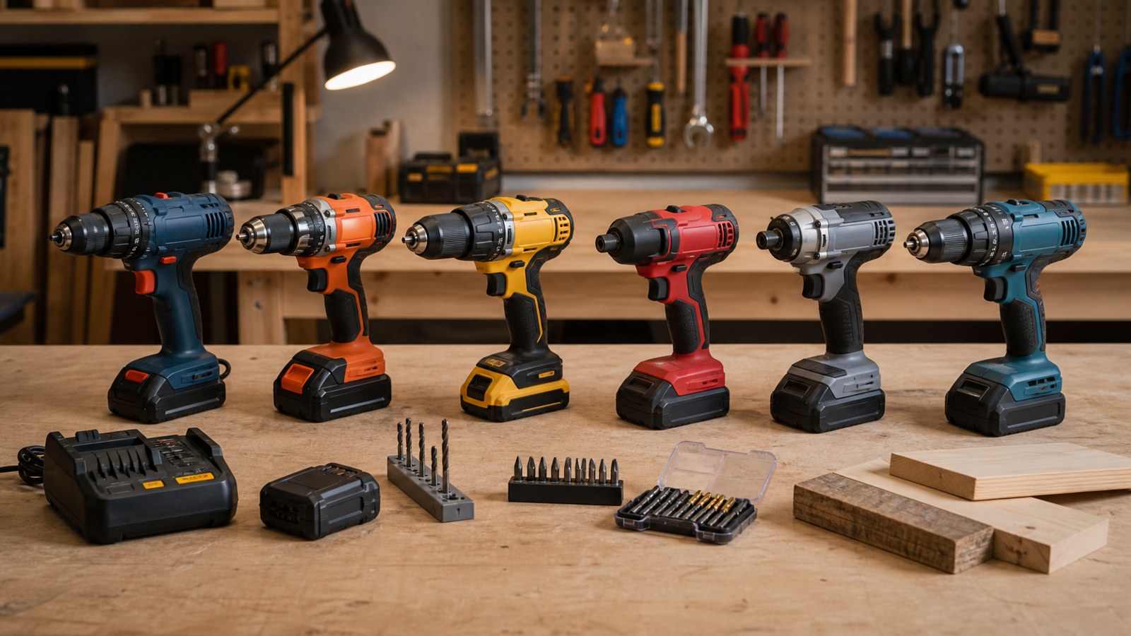 Several cordless drills batteries and bit sets arranged on a clean workbench