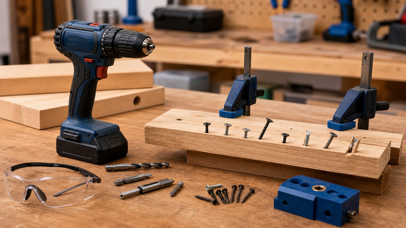Cordless drill with clamped scrap wood pilot holes and safety gear
