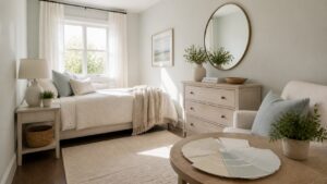 Small bright room with airy paint samples mirror and pale furnishings