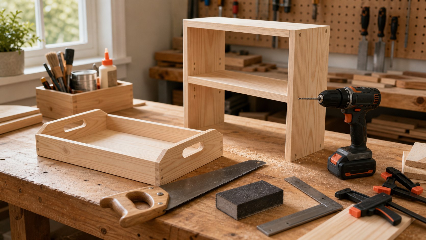 Beginner woodworking bench with small wood tray shelf clamps and basic tools