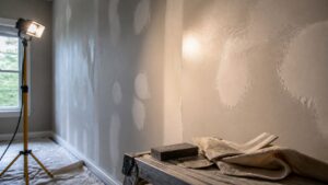 Prepared drywall wall with sanding tools and side lighting before painting