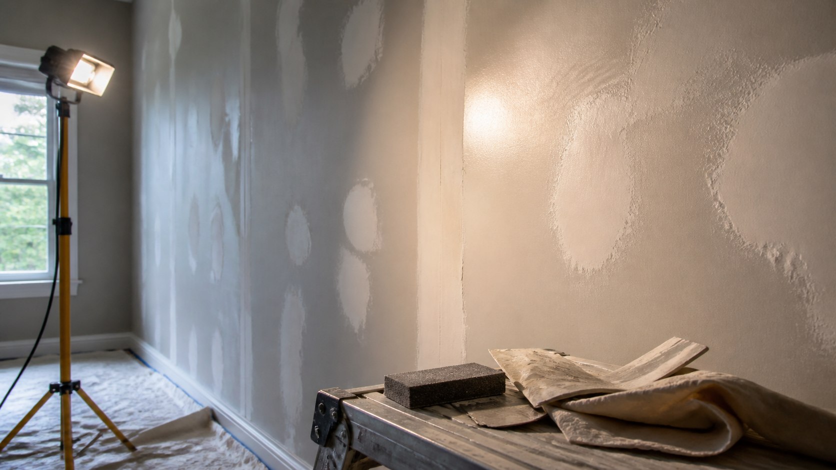 Prepared drywall wall with sanding tools and side lighting before painting