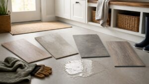 Waterproof flooring samples beside a small water spill in a bright laundry room
