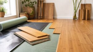 Bamboo flooring planks and underlayment in a bright renovation room