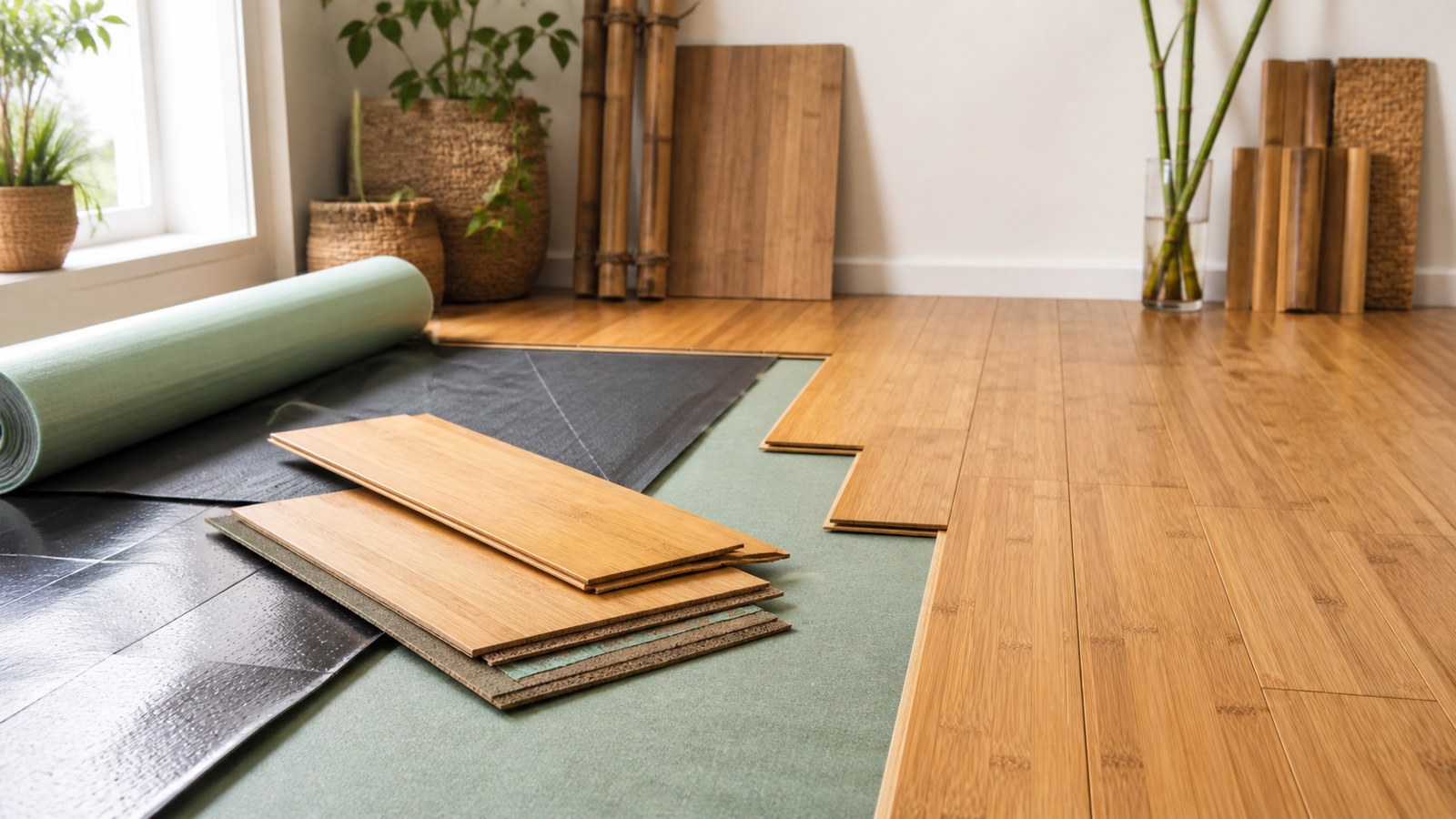 Bamboo flooring planks and underlayment in a bright renovation room