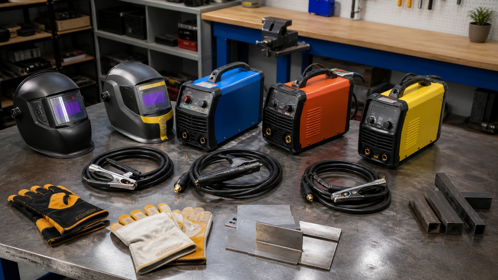 Unbranded compact welding machines helmets gloves cables and metal samples arranged on a workshop bench
