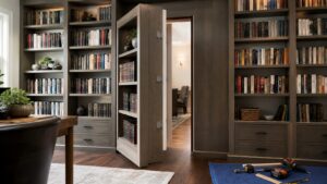 Home library with a bookshelf hidden door partly open showing concealed hinge clearance and doorway