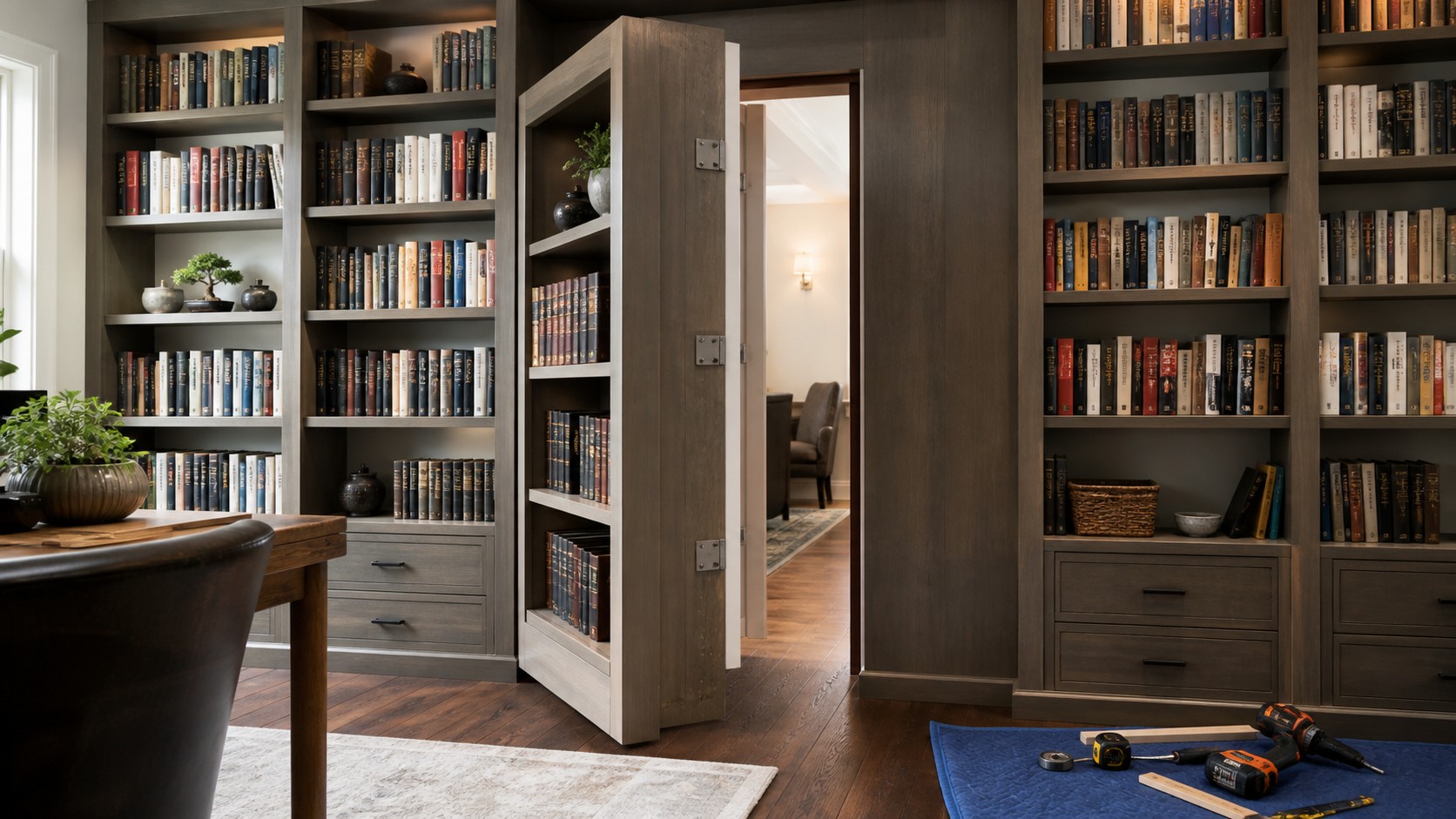 Home library with a bookshelf hidden door partly open showing concealed hinge clearance and doorway