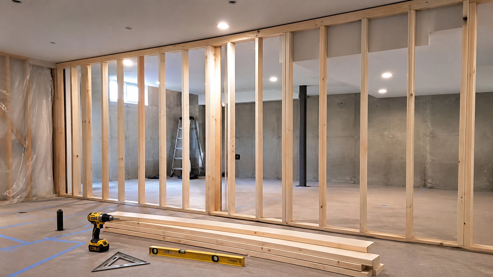 Basement stud wall framing with lumber tools and protected floor