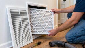 Air filter being slid into a return grille during home HVAC maintenance