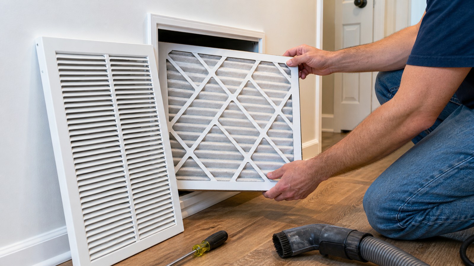 Air filter being slid into a return grille during home HVAC maintenance