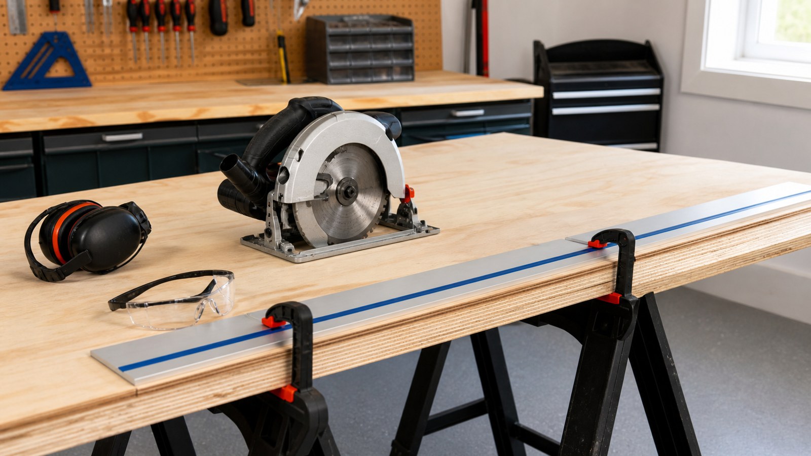 Circular saw on a supported plywood sheet with clamped straightedge guide and safety gear