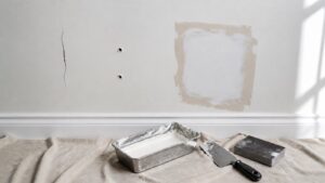 Interior wall with drywall crack nail pops patch and repair tools