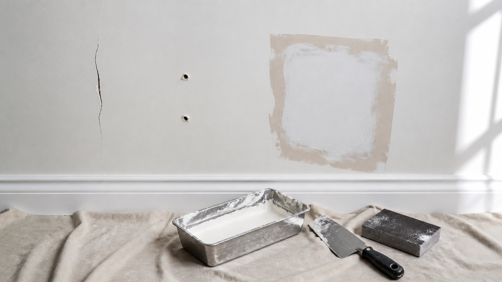 Interior wall with drywall crack nail pops patch and repair tools
