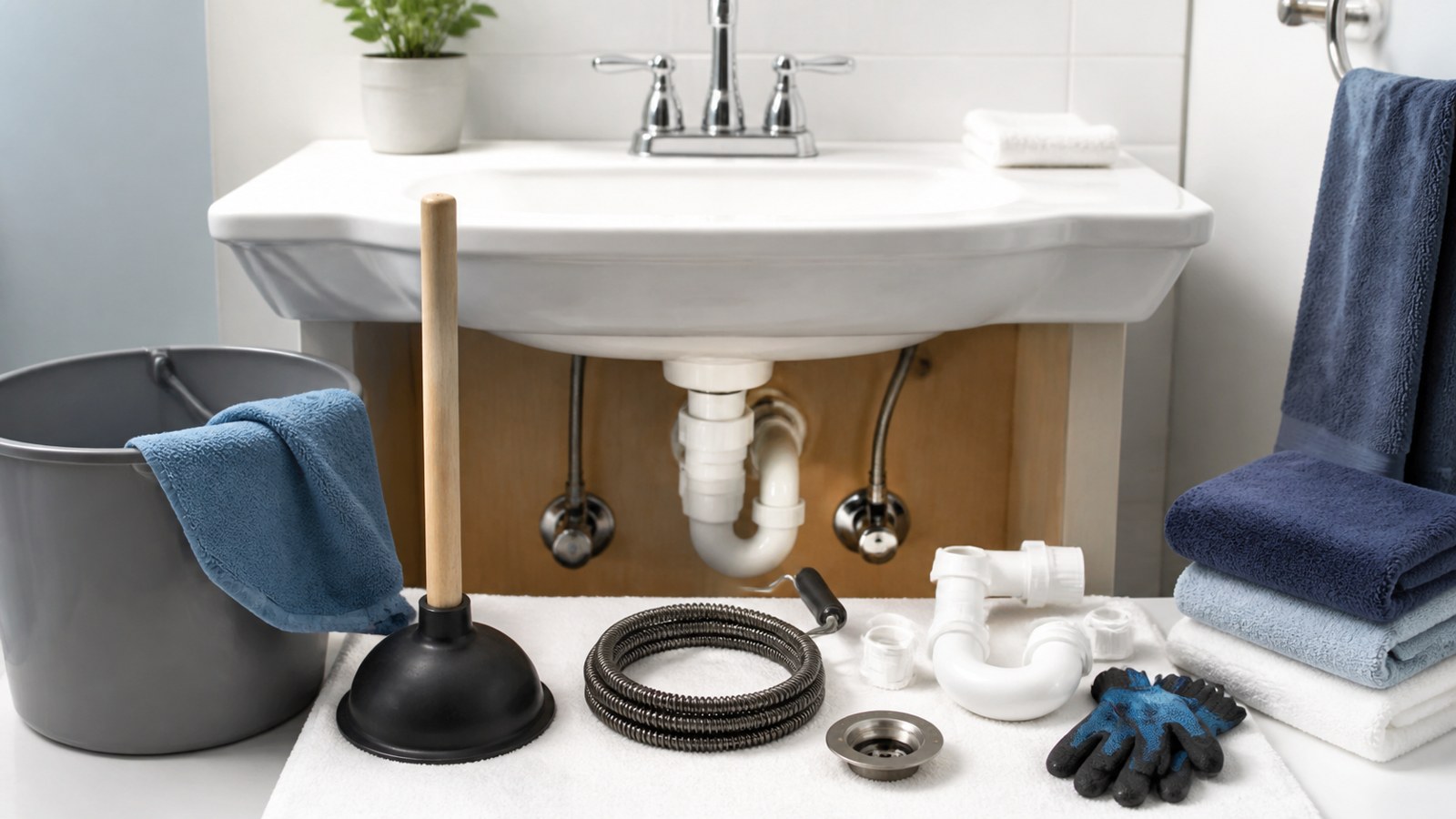 Plunger drain snake and P-trap parts arranged below a bathroom sink