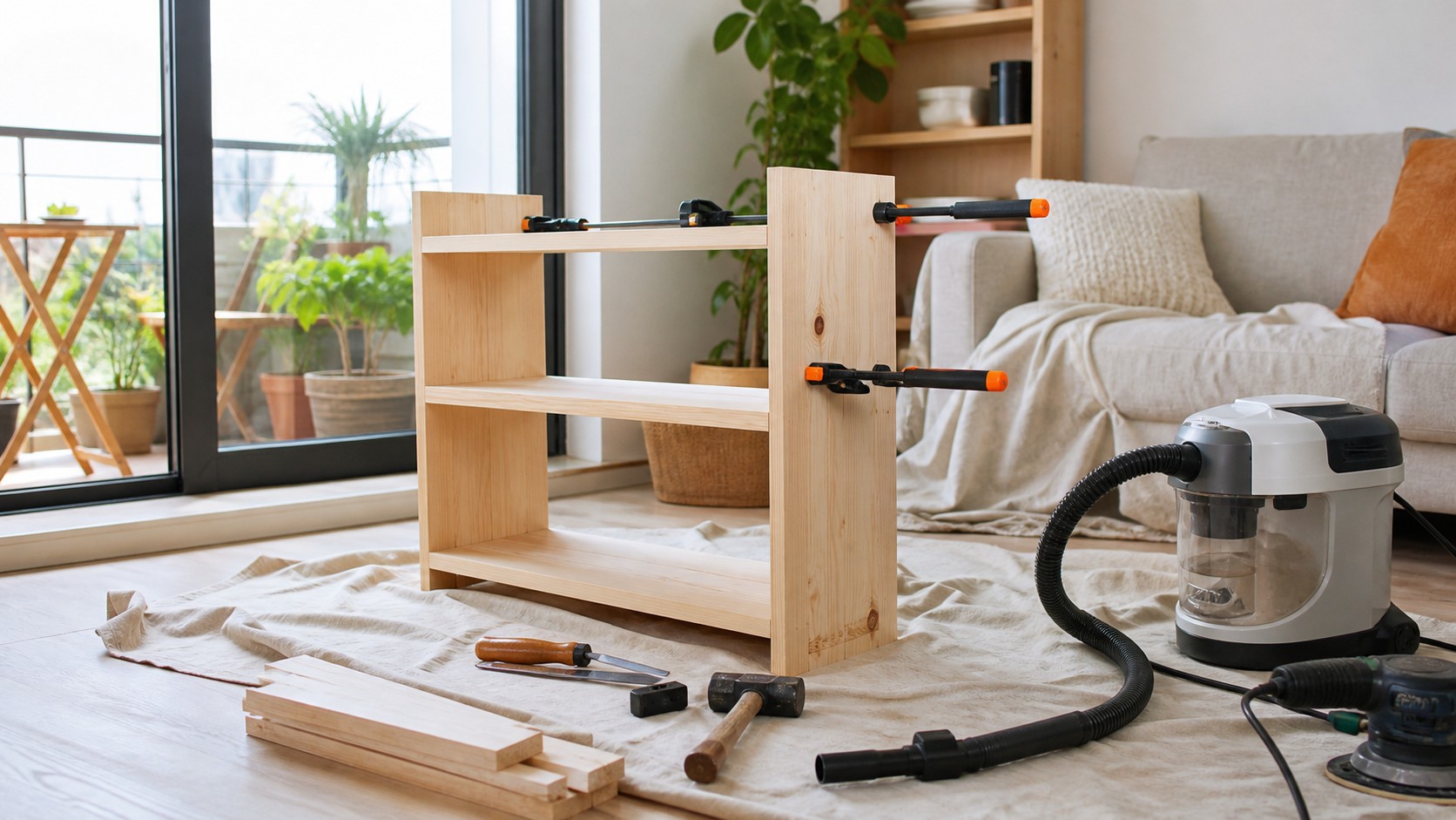 Compact apartment woodworking setup with clamped wood shelf project drop cloth and dust control