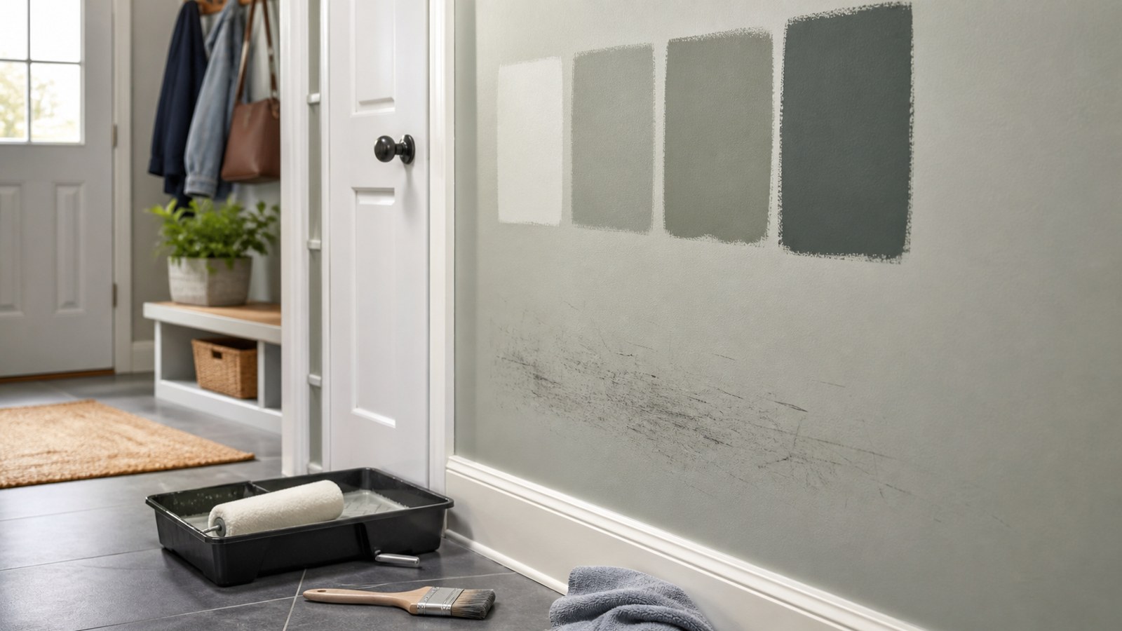 Mudroom wall with neutral paint samples roller brush and scuff area