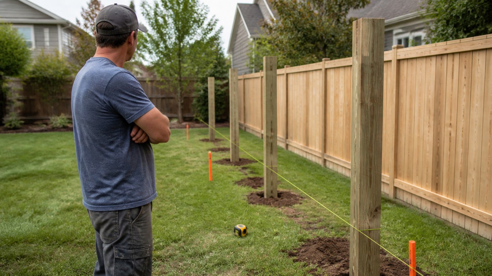 Fence posts string line and boundary stakes in a backyard fence planning scene