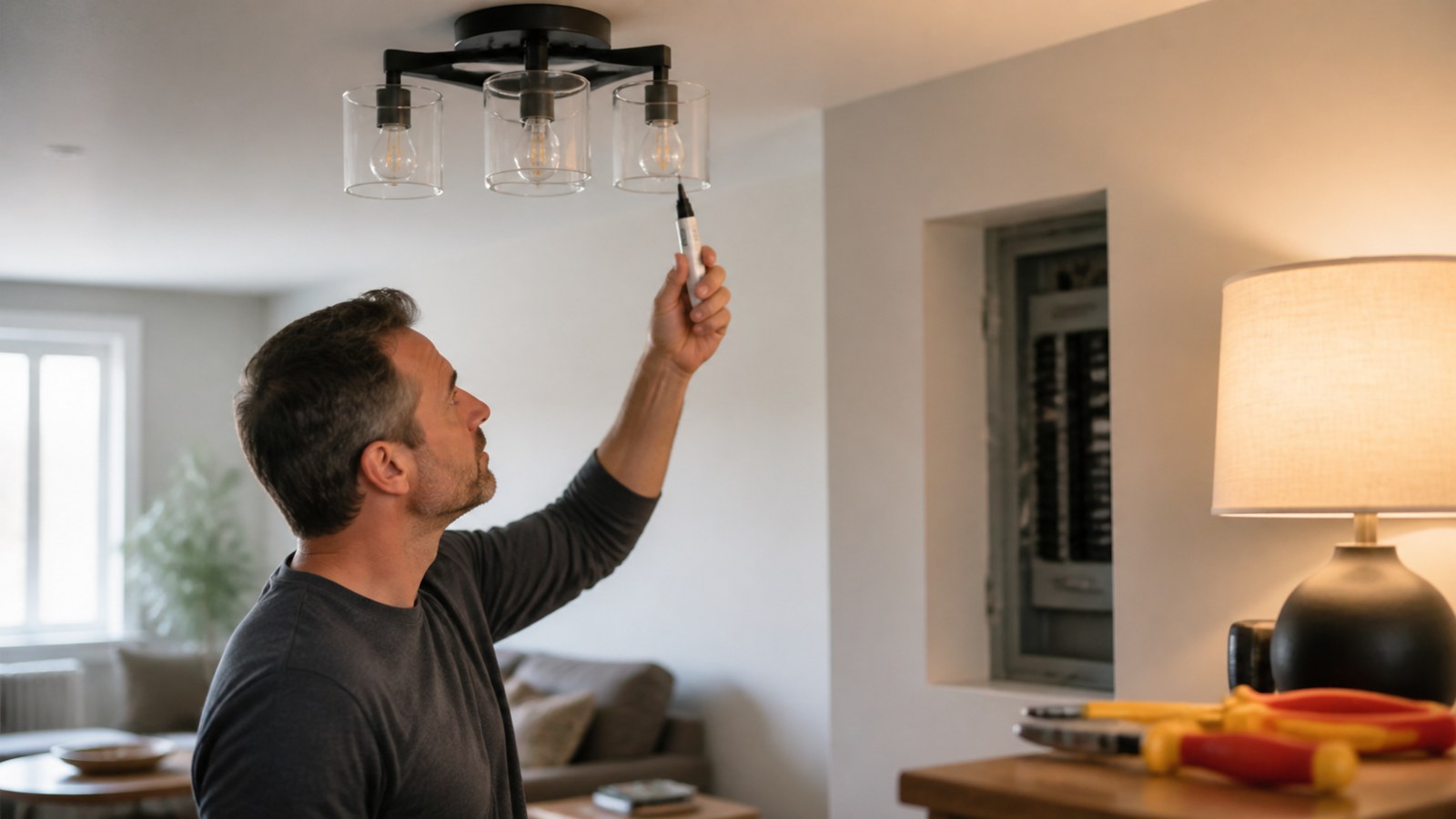 Homeowner checking a ceiling light fixture with diagnostic tools nearby