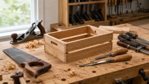 Hand tool woodworking bench with small wooden crate saw plane chisels clamps and shavings